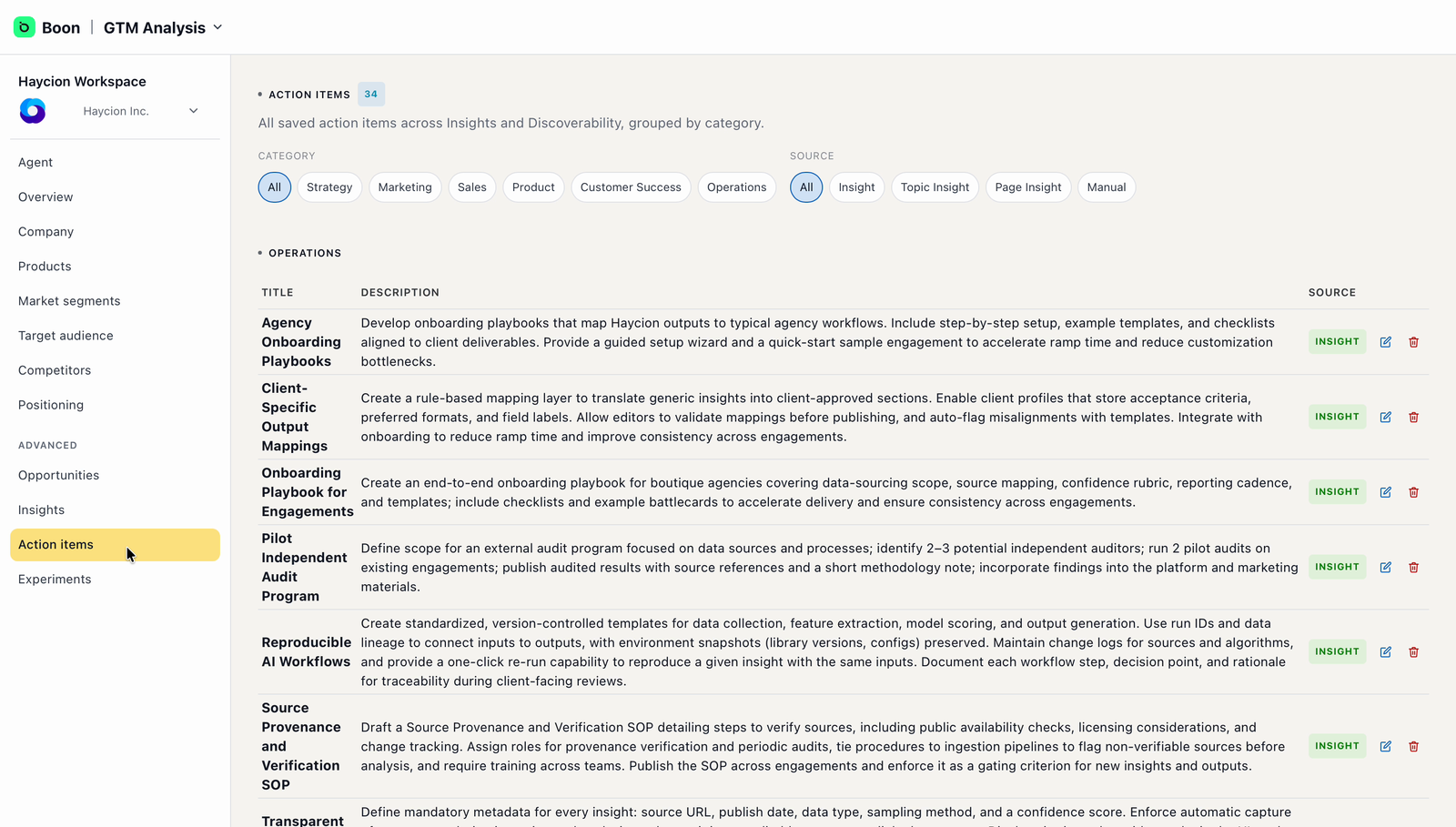 Action items page grouping saved items by category, with category chips and source filters at the top and a source tag on each row.
