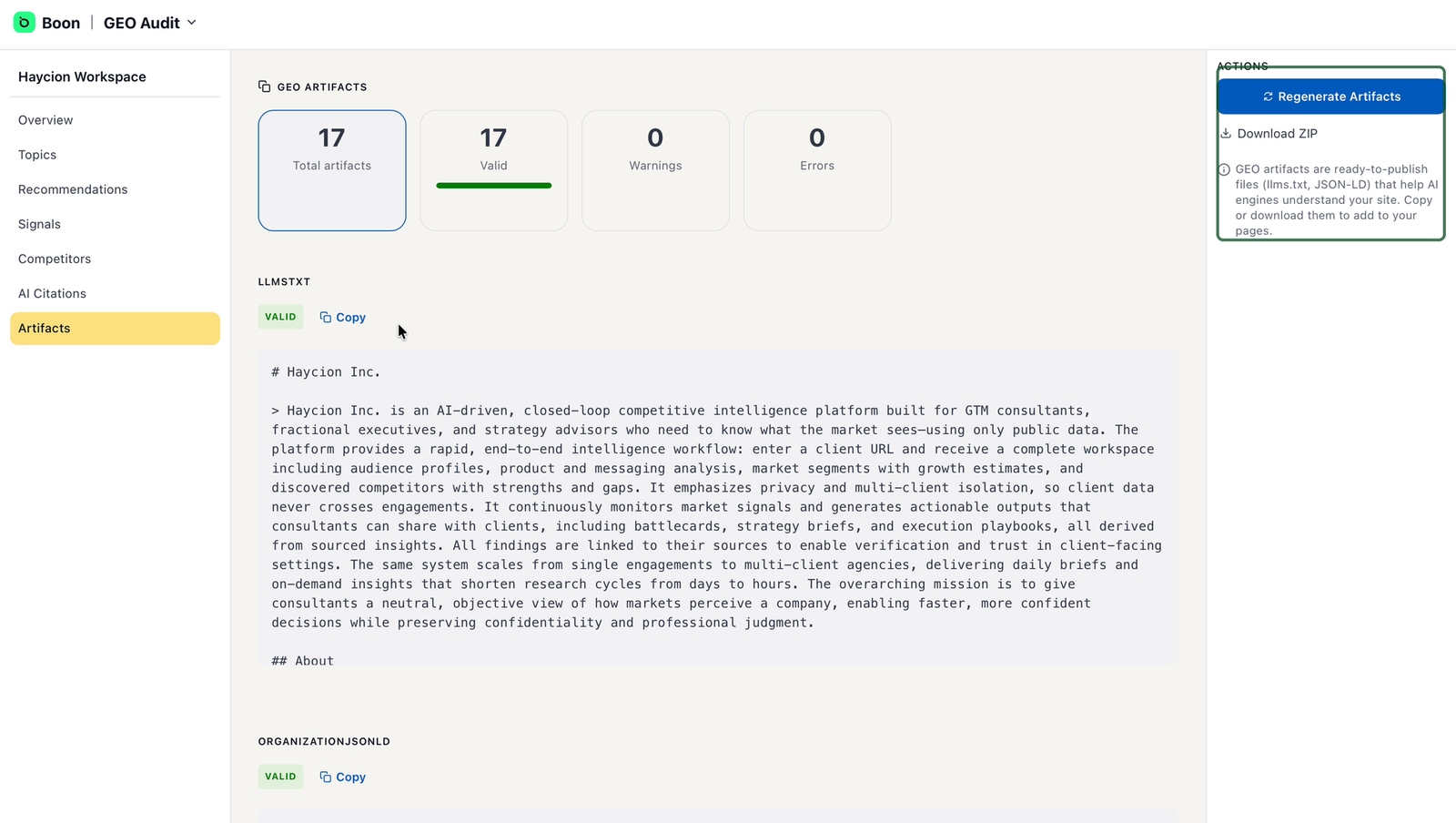 Artifacts page with the generated llms.txt and JSON-LD schema files, their validation status, and copy and download actions.